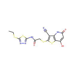 CCSc1nnc(NC(=O)CSc2sc3c(O)cc(=O)[nH]c3c2C#N)s1 ZINC000015879923