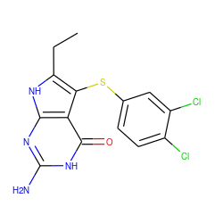 CCc1[nH]c2nc(N)[nH]c(=O)c2c1Sc1ccc(Cl)c(Cl)c1 ZINC000013680748