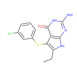 CCc1[nH]c2nc(N)[nH]c(=O)c2c1Sc1cccc(Cl)c1 ZINC000013680760