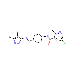 CCc1[nH]nc(NC[C@H]2CC[C@H](NC(=O)c3cc(Cl)cnc3C)CC2)c1C ZINC000261128475