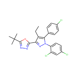 CCc1c(-c2nnc(C(C)(C)C)o2)nn(-c2ccc(Cl)cc2Cl)c1-c1ccc(Cl)cc1 ZINC000040421463