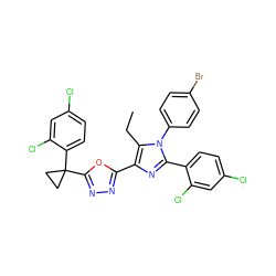 CCc1c(-c2nnc(C3(c4ccc(Cl)cc4Cl)CC3)o2)nc(-c2ccc(Cl)cc2Cl)n1-c1ccc(Br)cc1 ZINC000049902692