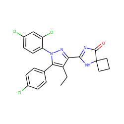 CCc1c(C2=NC(=O)C3(CCC3)N2)nn(-c2ccc(Cl)cc2Cl)c1-c1ccc(Cl)cc1 ZINC000040976582