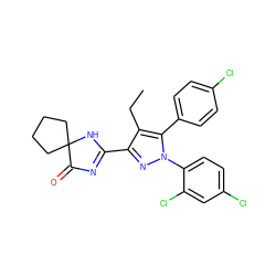 CCc1c(C2=NC(=O)C3(CCCC3)N2)nn(-c2ccc(Cl)cc2Cl)c1-c1ccc(Cl)cc1 ZINC000040976584