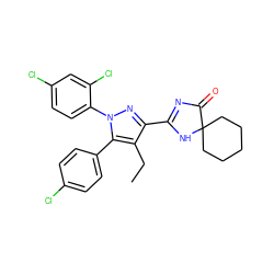 CCc1c(C2=NC(=O)C3(CCCCC3)N2)nn(-c2ccc(Cl)cc2Cl)c1-c1ccc(Cl)cc1 ZINC000040425343