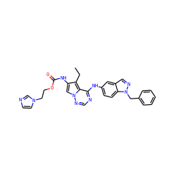 CCc1c(NC(=O)OCCn2ccnc2)cn2ncnc(Nc3ccc4c(cnn4Cc4ccccc4)c3)c12 ZINC000003917624