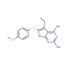 CCc1c(Sc2ccc(OC)cc2)[nH]c2nc(N)nc(N)c12 ZINC000014967435