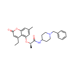 CCc1cc(=O)oc2cc(C)cc(O[C@H](C)C(=O)NC3CCN(Cc4ccccc4)CC3)c12 ZINC000009452584