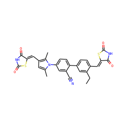 CCc1cc(-c2ccc(-n3c(C)cc(/C=C4\SC(=O)NC4=O)c3C)cc2C#N)ccc1/C=C1\SC(=O)NC1=O ZINC001772607578