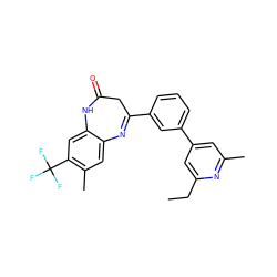 CCc1cc(-c2cccc(C3=Nc4cc(C)c(C(F)(F)F)cc4NC(=O)C3)c2)cc(C)n1 ZINC000101383237