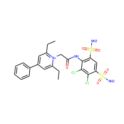 CCc1cc(-c2ccccc2)cc(CC)[n+]1CC(=O)Nc1c(S(N)(=O)=O)cc(S(N)(=O)=O)c(Cl)c1Cl ZINC000026750205