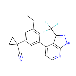 CCc1cc(-c2ccnc3[nH]nc(C(F)(F)F)c23)cc(C2(C#N)CC2)c1 ZINC000299839743