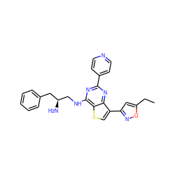 CCc1cc(-c2csc3c(NC[C@@H](N)Cc4ccccc4)nc(-c4ccncc4)nc23)no1 ZINC000223695372