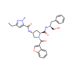 CCc1cc(C(=O)N[C@@H]2C[C@@H](C(=O)N[C@H](CO)Cc3ccccc3)N(C(=O)c3coc4ccccc34)C2)n(C)n1 ZINC000103238617