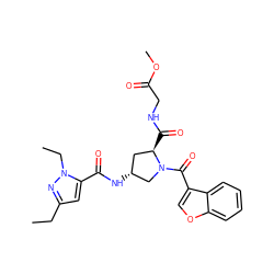 CCc1cc(C(=O)N[C@@H]2C[C@@H](C(=O)NCC(=O)OC)N(C(=O)c3coc4ccccc34)C2)n(CC)n1 ZINC000103239492