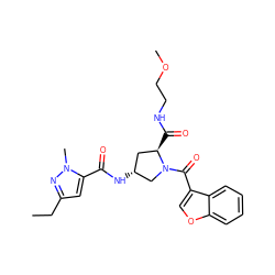 CCc1cc(C(=O)N[C@@H]2C[C@@H](C(=O)NCCOC)N(C(=O)c3coc4ccccc34)C2)n(C)n1 ZINC000103239539