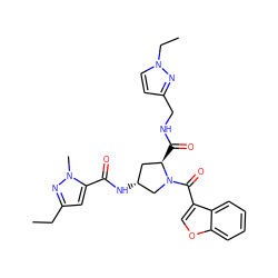 CCc1cc(C(=O)N[C@@H]2C[C@@H](C(=O)NCc3ccn(CC)n3)N(C(=O)c3coc4ccccc34)C2)n(C)n1 ZINC000103239463