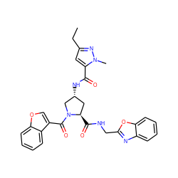 CCc1cc(C(=O)N[C@@H]2C[C@@H](C(=O)NCc3nc4ccccc4o3)N(C(=O)c3coc4ccccc34)C2)n(C)n1 ZINC000103239476