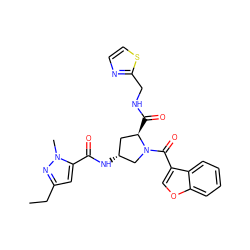 CCc1cc(C(=O)N[C@@H]2C[C@@H](C(=O)NCc3nccs3)N(C(=O)c3coc4ccccc34)C2)n(C)n1 ZINC000103239466