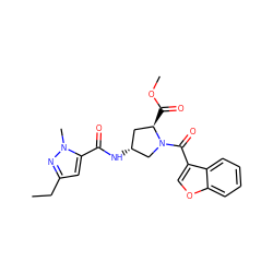 CCc1cc(C(=O)N[C@@H]2C[C@@H](C(=O)OC)N(C(=O)c3coc4ccccc34)C2)n(C)n1 ZINC000103239515