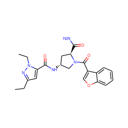 CCc1cc(C(=O)N[C@@H]2C[C@@H](C(N)=O)N(C(=O)c3coc4ccccc34)C2)n(CC)n1 ZINC000103239505