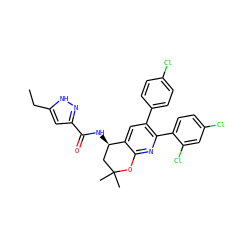 CCc1cc(C(=O)N[C@@H]2CC(C)(C)Oc3nc(-c4ccc(Cl)cc4Cl)c(-c4ccc(Cl)cc4)cc32)n[nH]1 ZINC000049784964