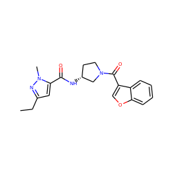 CCc1cc(C(=O)N[C@@H]2CCN(C(=O)c3coc4ccccc34)C2)n(C)n1 ZINC000103239523