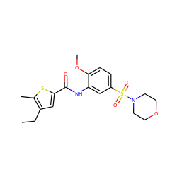 CCc1cc(C(=O)Nc2cc(S(=O)(=O)N3CCOCC3)ccc2OC)sc1C ZINC000015892560