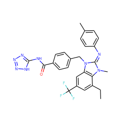 CCc1cc(C(F)(F)F)cc2c1n(C)/c(=N/c1ccc(C)cc1)n2Cc1ccc(C(=O)Nc2nnn[nH]2)cc1 ZINC000101455547