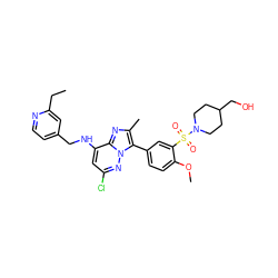 CCc1cc(CNc2cc(Cl)nn3c(-c4ccc(OC)c(S(=O)(=O)N5CCC(CO)CC5)c4)c(C)nc23)ccn1 ZINC001772573483