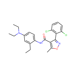 CCc1cc(N(CC)CC)ccc1NC(=O)c1c(-c2c(Cl)cccc2Cl)noc1C ZINC000028133582