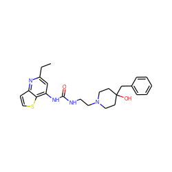 CCc1cc(NC(=O)NCCN2CCC(O)(Cc3ccccc3)CC2)c2sccc2n1 ZINC000220129819