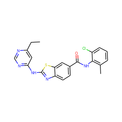 CCc1cc(Nc2nc3ccc(C(=O)Nc4c(C)cccc4Cl)cc3s2)ncn1 ZINC000013536626