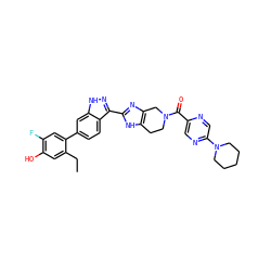 CCc1cc(O)c(F)cc1-c1ccc2c(-c3nc4c([nH]3)CCN(C(=O)c3cnc(N5CCCCC5)cn3)C4)n[nH]c2c1 ZINC000146057035