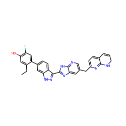 CCc1cc(O)c(F)cc1-c1ccc2c(-c3nc4cc(Cc5ccc6c(n5)NCC=C6)cnc4[nH]3)n[nH]c2c1 ZINC000261072208