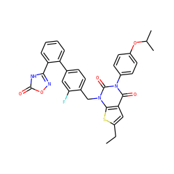 CCc1cc2c(=O)n(-c3ccc(OC(C)C)cc3)c(=O)n(Cc3ccc(-c4ccccc4-c4noc(=O)[nH]4)cc3F)c2s1 ZINC000096169990