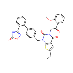CCc1cc2c(=O)n(CC(=O)c3ccccc3OC)c(=O)n(Cc3ccc(-c4ccccc4-c4noc(=O)[nH]4)cc3)c2s1 ZINC000096169966