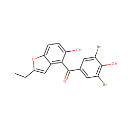 CCc1cc2c(C(=O)c3cc(Br)c(O)c(Br)c3)c(O)ccc2o1 ZINC000071318494