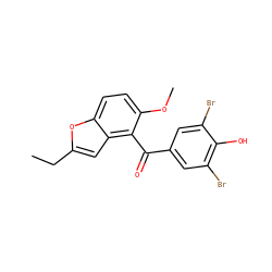 CCc1cc2c(C(=O)c3cc(Br)c(O)c(Br)c3)c(OC)ccc2o1 ZINC000071315832