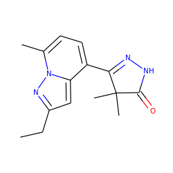 CCc1cc2c(C3=NNC(=O)C3(C)C)ccc(C)n2n1 ZINC000084722512