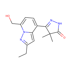 CCc1cc2c(C3=NNC(=O)C3(C)C)ccc(CO)n2n1 ZINC000084690596