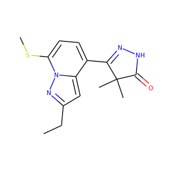 CCc1cc2c(C3=NNC(=O)C3(C)C)ccc(SC)n2n1 ZINC000043152813