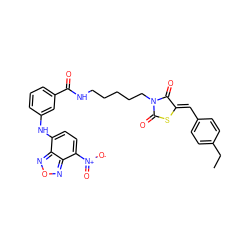 CCc1ccc(/C=C2\SC(=O)N(CCCCCNC(=O)c3cccc(Nc4ccc([N+](=O)[O-])c5nonc45)c3)C2=O)cc1 ZINC001772587606