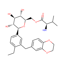 CCc1ccc([C@@H]2O[C@H](COC(=O)[C@H](N)C(C)C)[C@@H](O)[C@H](O)[C@H]2O)cc1Cc1ccc2c(c1)OCCO2 ZINC000148924084