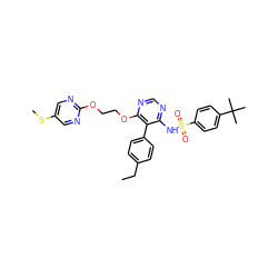 CCc1ccc(-c2c(NS(=O)(=O)c3ccc(C(C)(C)C)cc3)ncnc2OCCOc2ncc(SC)cn2)cc1 ZINC000027076662