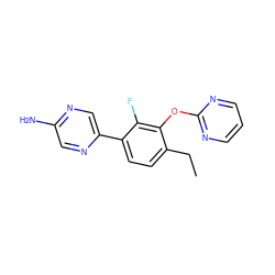 CCc1ccc(-c2cnc(N)cn2)c(F)c1Oc1ncccn1 ZINC000224561942