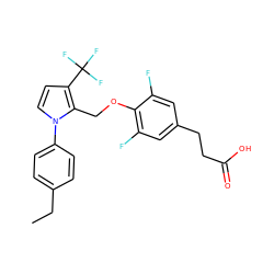 CCc1ccc(-n2ccc(C(F)(F)F)c2COc2c(F)cc(CCC(=O)O)cc2F)cc1 ZINC000225906913