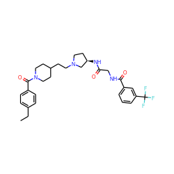 CCc1ccc(C(=O)N2CCC(CCN3CC[C@@H](NC(=O)CNC(=O)c4cccc(C(F)(F)F)c4)C3)CC2)cc1 ZINC000049781101