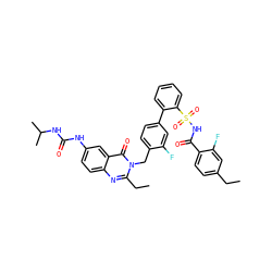 CCc1ccc(C(=O)NS(=O)(=O)c2ccccc2-c2ccc(Cn3c(CC)nc4ccc(NC(=O)NC(C)C)cc4c3=O)c(F)c2)c(F)c1 ZINC000026401006