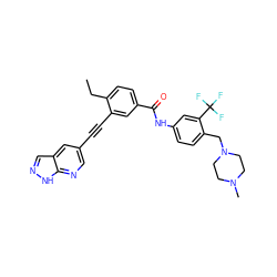 CCc1ccc(C(=O)Nc2ccc(CN3CCN(C)CC3)c(C(F)(F)F)c2)cc1C#Cc1cnc2[nH]ncc2c1 ZINC000095596512